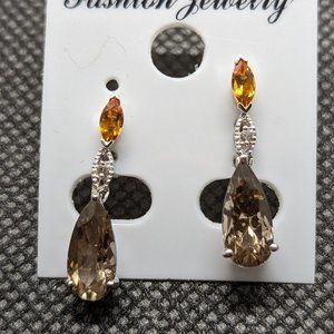 Citrine and Smoky Quartz Genuine Stone Earrings 10k white gold